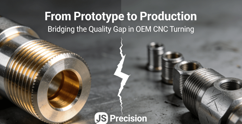 A comparative visual showing a perfect prototype versus inconsistent mass production parts, illustrating the quality gap in OEM CNC turning, with JS Precision branding.
