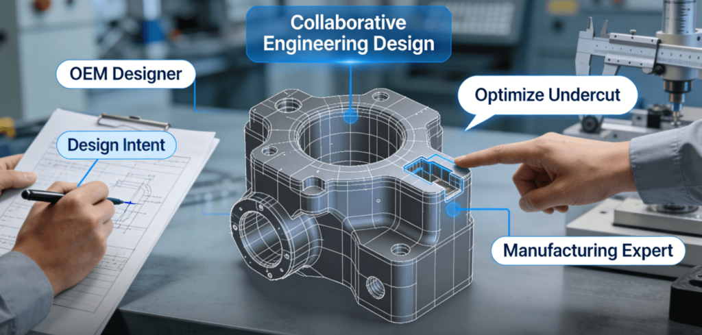 A diagram showing a CAD model at the center, with a designer and a manufacturing engineer providing collaborative input, symbolizing the Design for Manufacturability process and early supplier involvement.