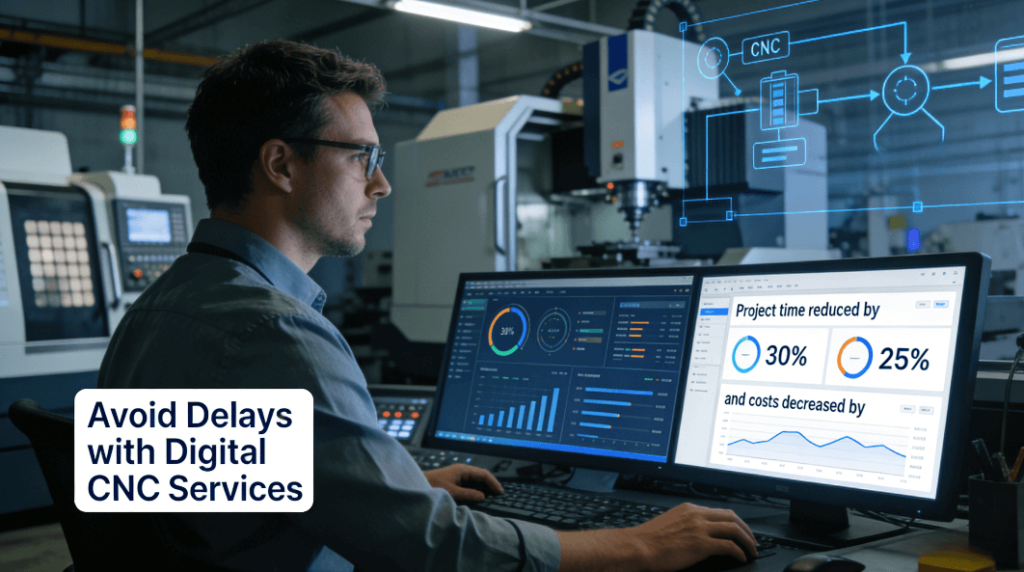 Engineering manager using digital dashboard to monitor CNC machining progress, avoiding project delays with real-time data